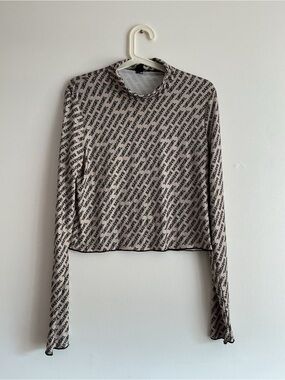 SHEIN Beige Mesh Long Sleeve Top with Black Print